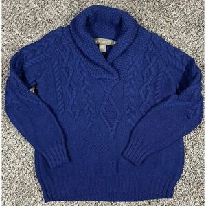 Inis Crafts Merino Wool‎ Shawl Neck Cable Knit Sweater Women's Size Medium Blue